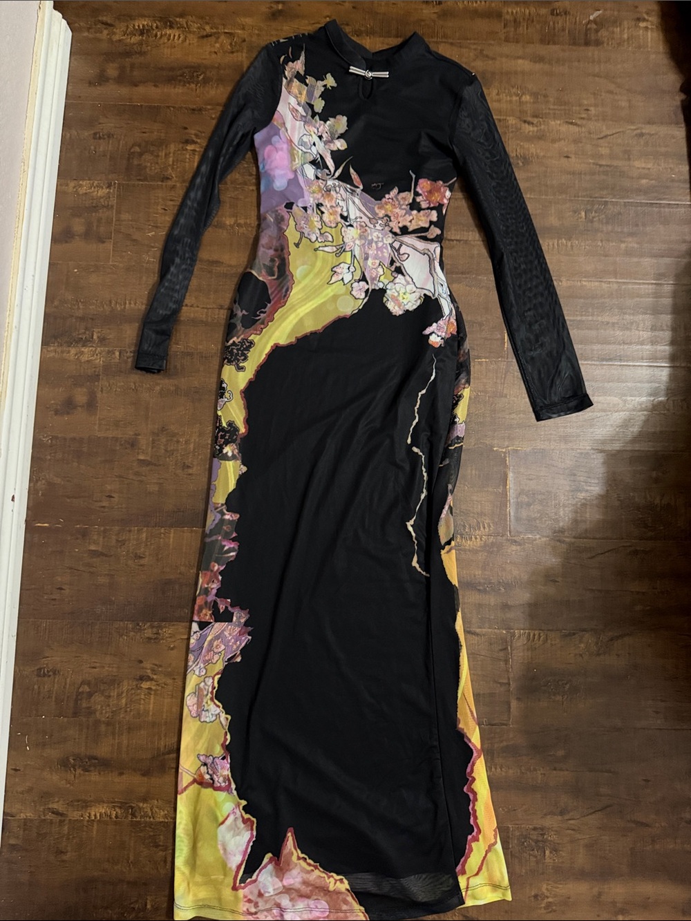 Commense Black Maxi Dress with Pink & Yellow Floral Panels
